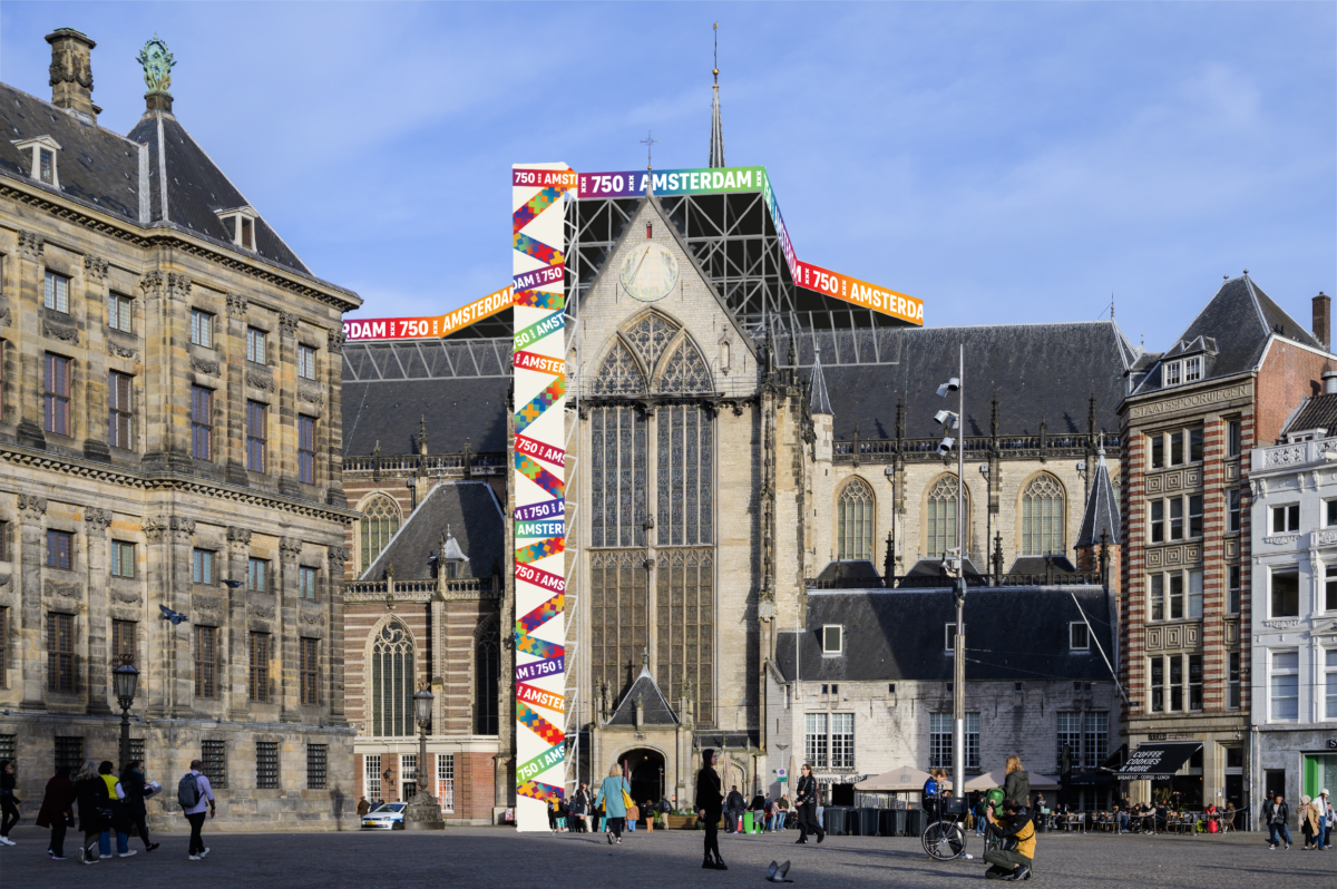 Impressie van hoe het platform op het dak van De Nieuwe Kerk eruit gaat zien (2025). 