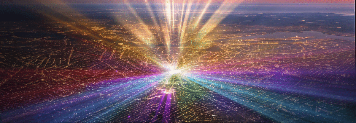 AI beeld van de stad in de nacht met lichtbundel vanaf Museumplein